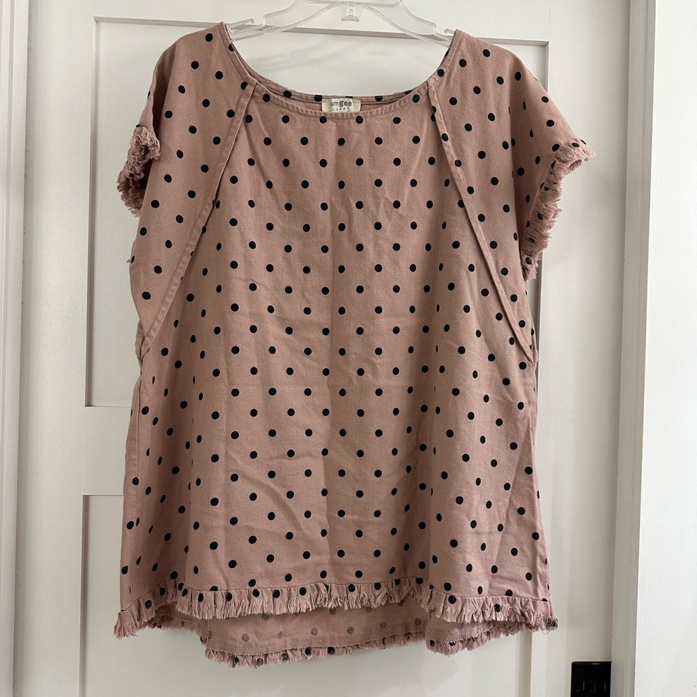 Umgee Mauve Polka Dot Fringe Short Sleeve Tunic